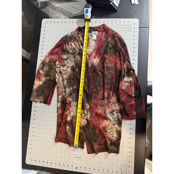 Chico's Size 1 Abstract Lace Mesh Open Cardigan Kimono Shawl Black Red Brown - Picture 7 of 8